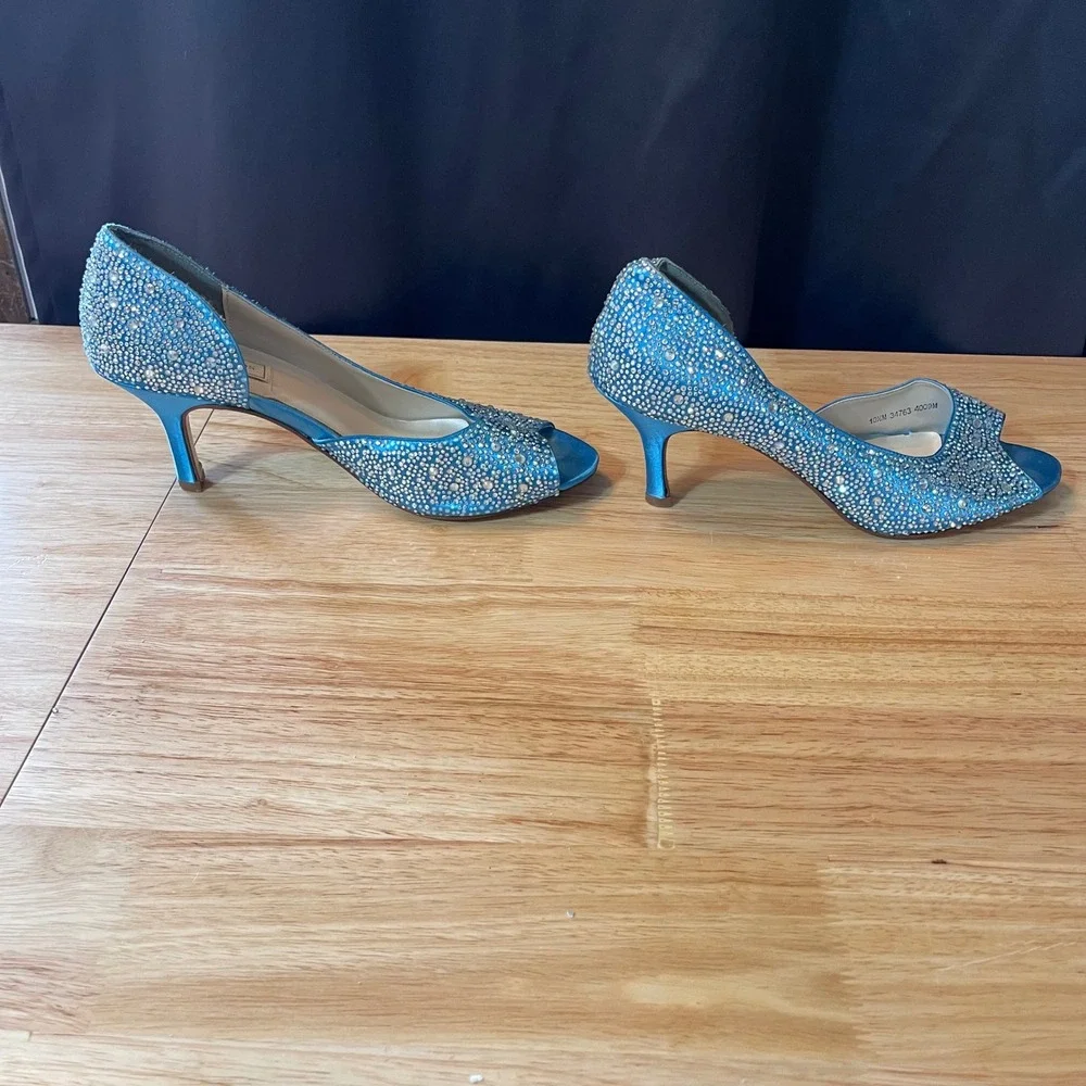 Touch Ups Blue Satin Rhinestone Peep Toe d'Orsay Kitten Heels Womens 10.5M